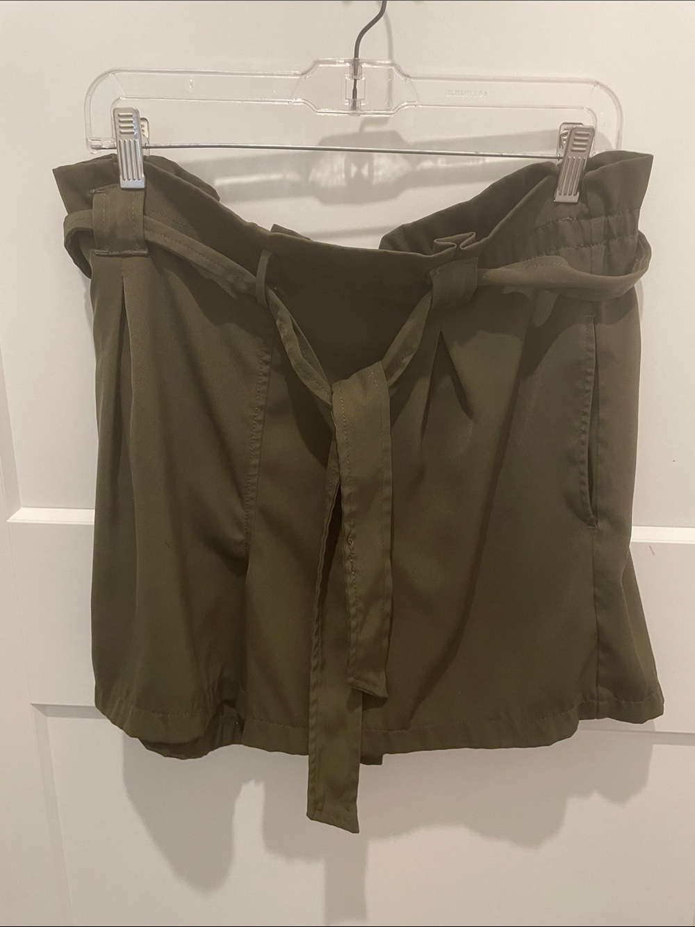 Max Studio Olive Green High-Waist Paperbag Tie Shorts